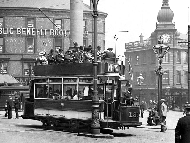 Tram No 185 bound for Nether Edge is pictured at Sheffield Moorhead