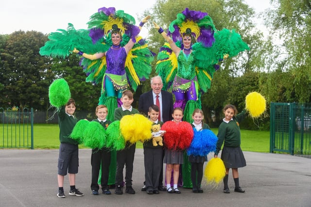 Chairman of the West Area Committee Coun. Peter Gibson and pupils from Broadway Primary School, setting out on the Road to Rio. Remember this from 2016?