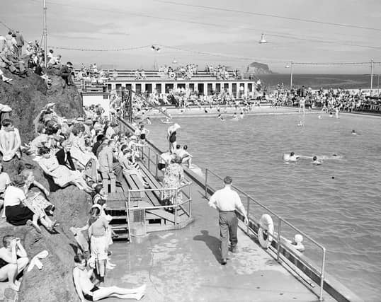 Holidaymakers at North Berwick open-air swimming pool in August 1953.