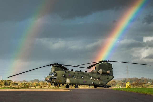 Chinook adorned in its double rainbow at Fleetlands, Gosport
Picture: Shaun Roster.