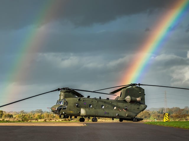 Chinook adorned in its double rainbow at Fleetlands, Gosport
Picture: Shaun Roster.