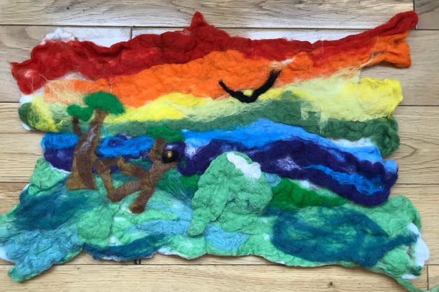 Judge Katherine Renton says: 'A beautiful Northumberland landscape, carefully made by Daisy using felt. Lockdown has made us all realise how lucky we are to live in an area with amazing views. She has filled the whole sky with a rainbow, the symbol of hope, reminding us that things will get better.'