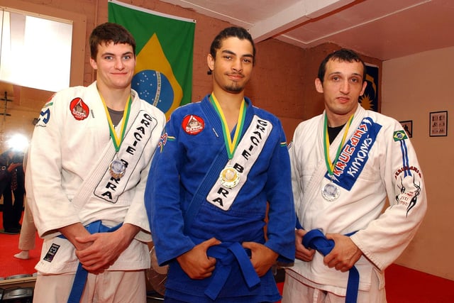 Mick Shore (right) and his students Gareth Neale (left) and Jason Ball won medals at the recent European Gracie Jiu Jitsu Championships held at the NEC, Birmingham in 2004.
