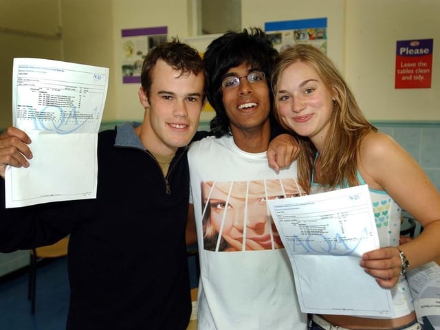 A Level results day at Silverdale School in Bents Green, Sheffield, in August 2004. Pictured left to right are Gareth Evans, Nich Palawan and Nathalie Hudson.