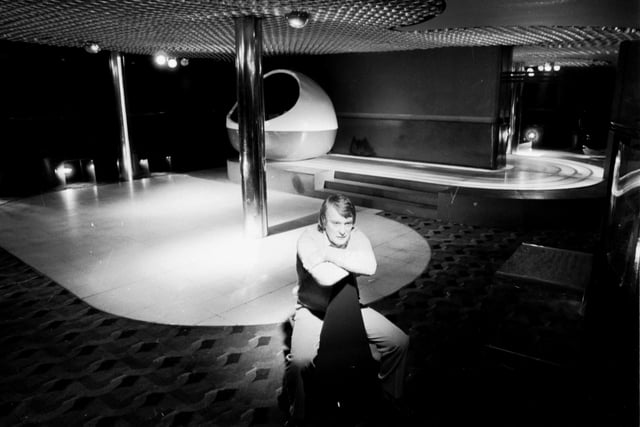 Ron McKinven, inside the futuristic disco he designed, Buster Brown's in Edinburgh, December 1981.