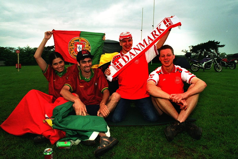 Silvia Farto and Jose Santos of Portugal with Thomas Diechmann and Henrik Laurtzen from Denmark camping on the Sheffield Tigers Rugby Union pitch at Dore, Sheffield for Euro 96