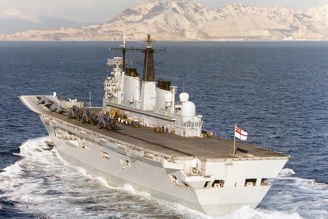 HMS Ark Royal approaching Gibraltar in 25th Feb 1989.