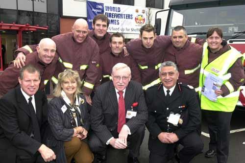 Pictured at the launch of the World Fire Fighting games at the Sheffield United Academy in 2003  are from left... South Yorkshire Fire and rescue Divisional Officer Steve Worthy, Caroline Crips OBE,Children Fire and Burn Trust,Mr Richard Moore, Chairman WFGG's Titan Travel and  Acting Chief Officer Humberside Fire Brigade Mazen Khuri, with members of the South Yorkshire Fire and Rescue Service
