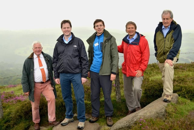In 2012Nick Clegg with Sheffield Moors Partnership shows: (L-R) Tony Favell, Chair of Peak District National Park Authority; Nick Clegg, MP for Sheffield Hallam, Martin Harper, Conservation Director, RSPB;  Simon Pryor, Natural Environment Director, National Trust; Christopher Pennell, Chair of the Peak District National Park Authority's audit, resources and performance committee