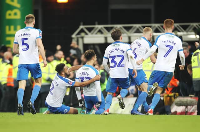 Pompey celebrate Andre Green's late winner at Norwich in January 2019. Picture: Joe Pepler