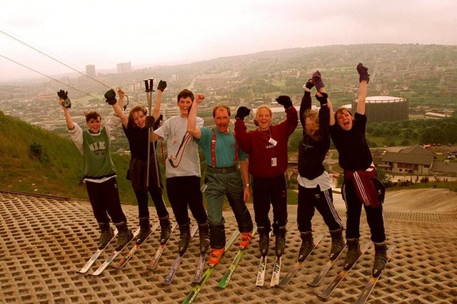 Young skiers and staff at the top of the slope at Sheffield Ski Village in June 1996
