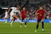 England's Georgia Stanway scores her side's second goal against Spain during the UEFA Women's Euro 2022 Quarter Final match.