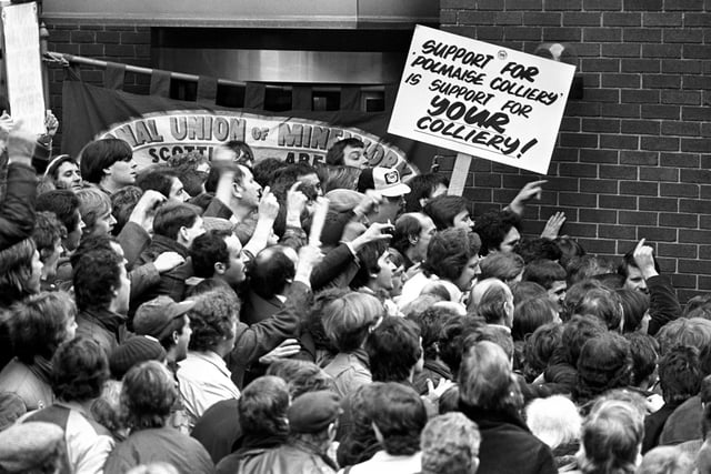 File photo dated 08/03/1984 of miners demonstrating outside Sheffield NUM HQ, during the year long miners strike