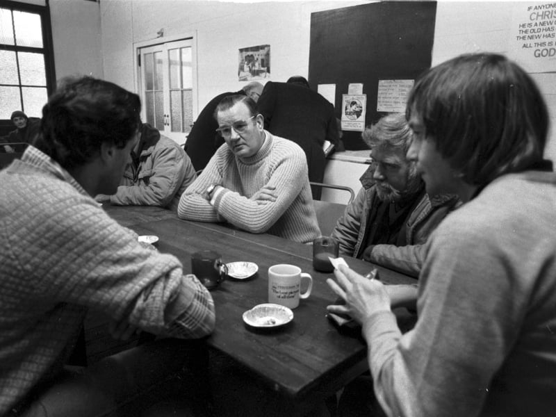 Residents at the City Mission (St Leonards hostel), a homeless shelter for men in Edinburgh, chatting in December 1985.