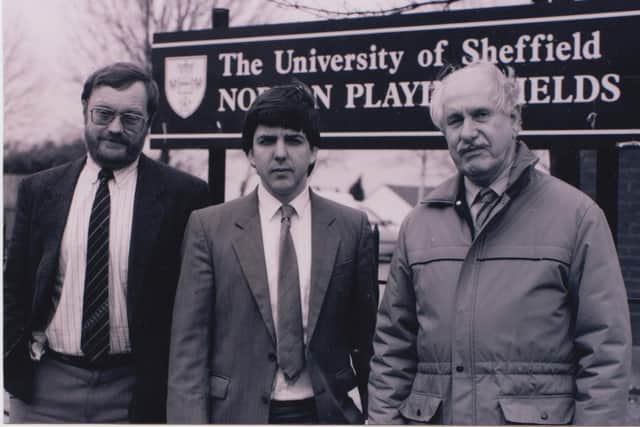 Coun Andrew Sangar (centre) with former councillors Peter Moore (left) and Roger Hughes (right)