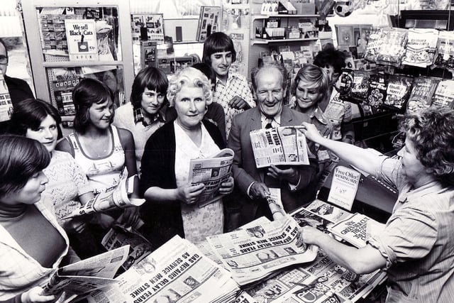 A busy newsagents shop in Crookes in August 1976