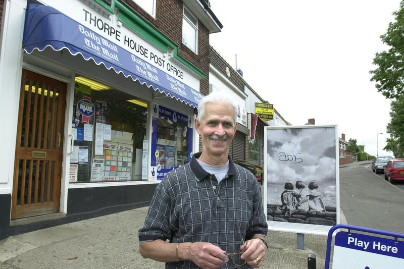 Richard May outside Thorpe House Post office,Thorpe House Avenue, in 2000