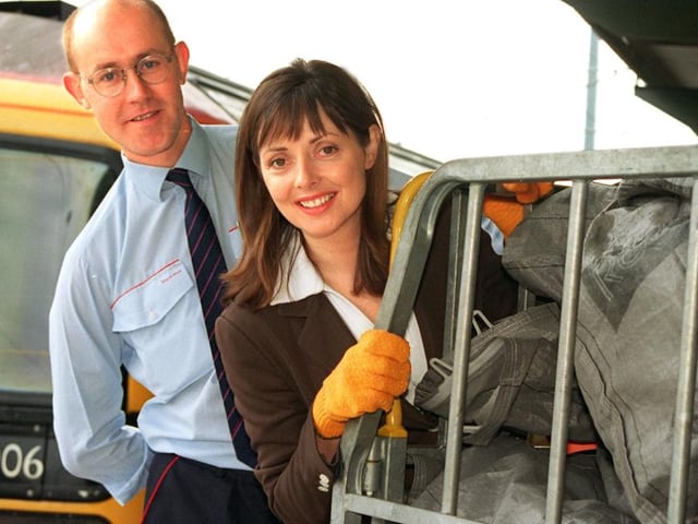 Carol Vorderman, pictured with Pat Horan, officially opened the Royal Mail's South Yorkshire rail terminal in Doncaster in 1997