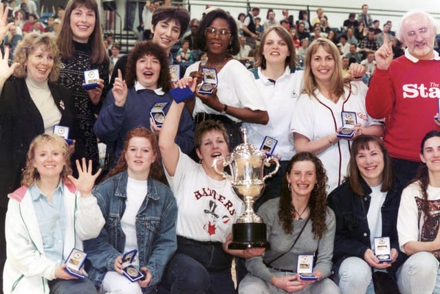 Pictured after the presentation of the League Championship trophy at Ponds Forge are the Sheffield Star Hatters Basketball Team with the trophy and their medals - 9th April 1995