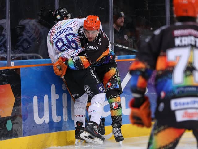 Sheffield Steelers' Sam Jones in a tangle. Picture: Hayley Roberts