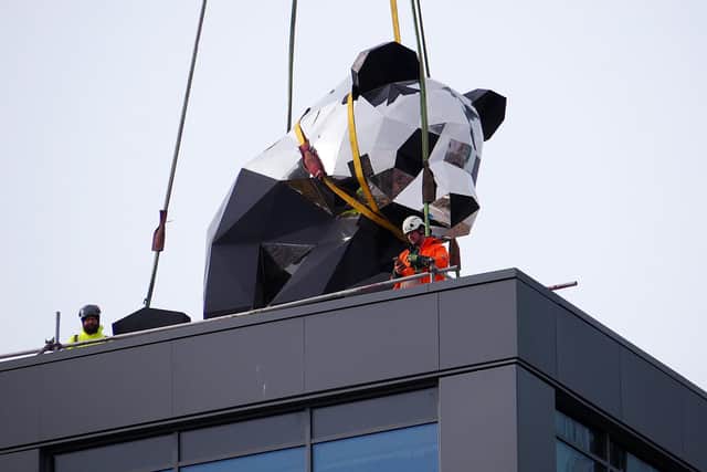 Giant rooftop panda sculpture being installed at New Era Square Sheffield.