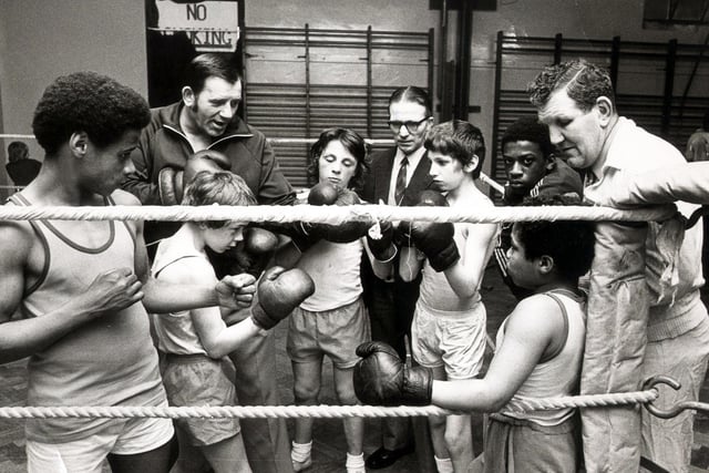 Hillsborough Boys club boxers with Ronald Crookes left, Freddie Smith centre, and Henry Hall right....  April 23 1975