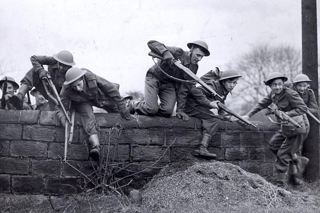 Home Guard members masquerading as paratroopers on exercise in Rotherham, April 1941