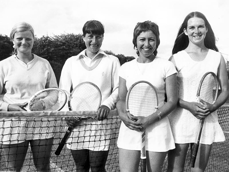 Last day at the Sheffield Tennis Tournaments held through the week in the Hallamshire Tennis Club, Hunter's Bar, Sheffield. Winners of the ladies open doubles (left to right) Lyn Raper, Susan Imhoff, Lyn Jooste (South Africa) and Charlotte Bastin on June 14, 1975