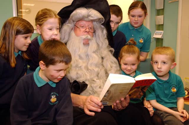 Storytime was very special at the new library in Oxclose Primary School in 2005, when this character read from a Harry Potter book to the children.