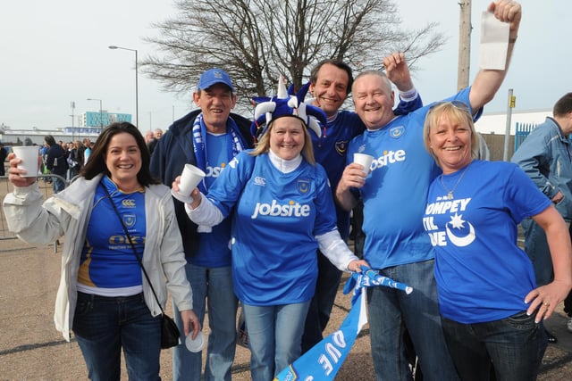 Fans get ready to board their buses for Wembley at Fratton Park.