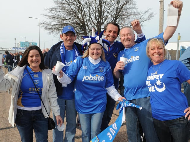 Fans get ready to board their buses for Wembley at Fratton Park.