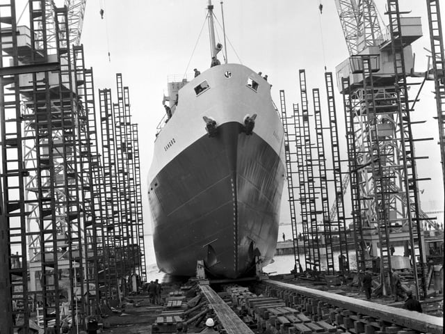 The Sangro is launched at Henry Robb's shipyard at Leith in March 1968.