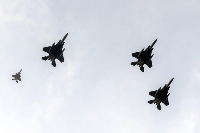 F-15s seen from Endcliffe Park in Sheffield, as warplanes from Britain and the United States stage a flypast