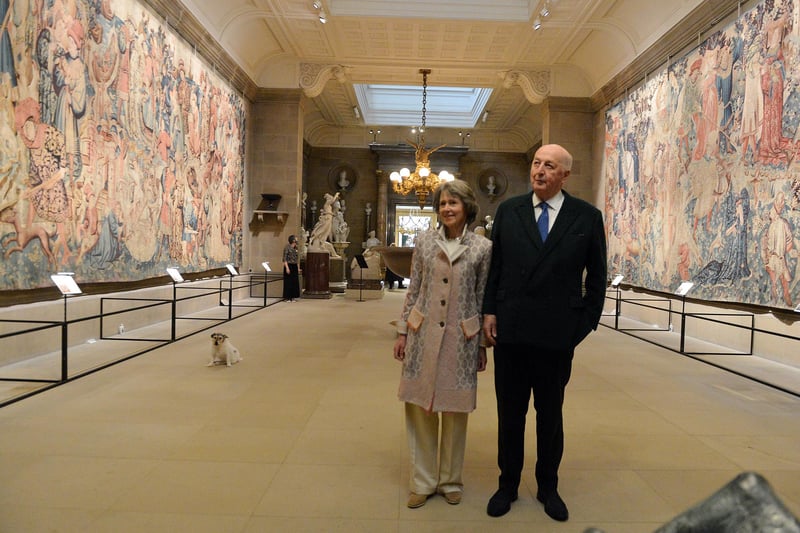 Chatsworth House reopening with the Duke and Duchess of Devonshire. Looking at the Devonshire Hunting Tapestries