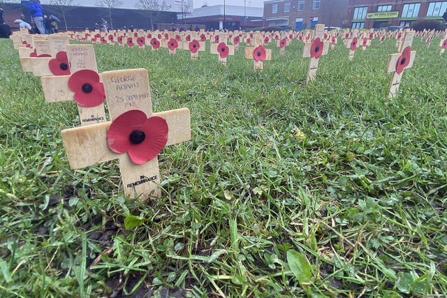 Poppies and crosses were placed on the grassed area next to the war memorial.