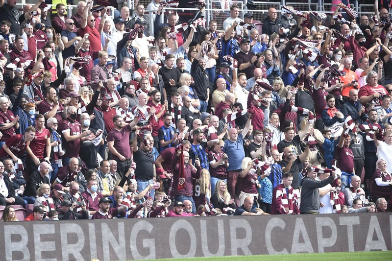 The sun shines on these Hearts fans in the Main Stand.