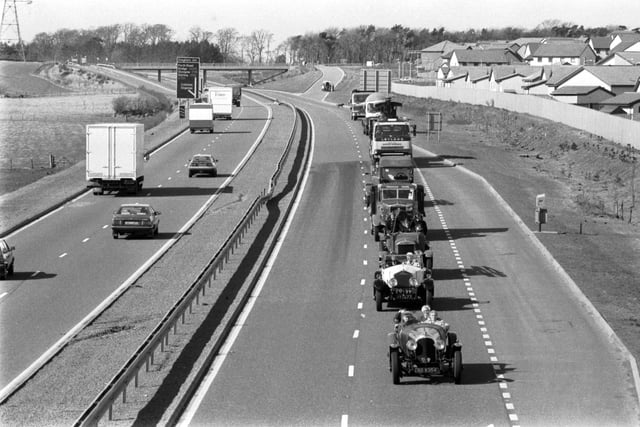 Vintage cars on the Edinburgh City Bypass road (A720) at its official opening in March 1990.