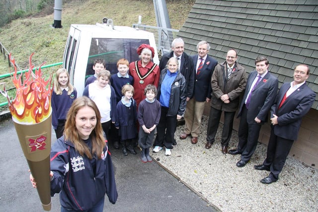 Derbyshire Dales Junior Sportswoman of the Year Emma Erskine was joined by pupils from Matlock Bath Holy Trinity Church Primary School, Cllr Judith Twigg, Jayne Allen and Eddie Wilks from Highfields School, Andrew Pugh, Rory Slater, Cllr Andrew Lewar and David Thornton at the Heights of Abraham as the towns for the Olympic Torch route are confirmed for the county in 2011