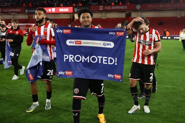 Rhian Brewster celebrates Sheffield United's promotion back to the Premier League: Darren Staples / Sportimage