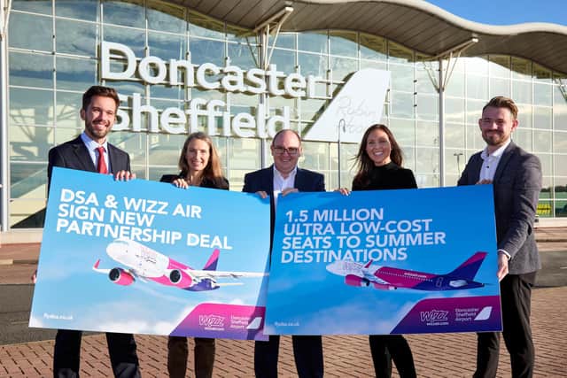 Doncaster Sheffield Airport and Wizz Air UK celebrate their new deal. Left to right are Freddie Brodermann, Wizz Air UK, Senior Commercial Manager, Marion Geoffroy, MD of Wizz Air Uk, Declan Maguire, Head of Aviation Delelopment at DSA, Kate Stow, Director Aviation Development and Corporate Affairs DSA, Chris Harcombe, Managing Director DSA.