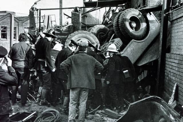 Wrecked cars after the explosion at the Effingham Street gas works in October 1973