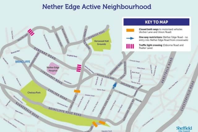 Nether Edge active travel neighbourhood map showing all the roads and streets affected by Sheffield Council's closures and changes which aim to encourage more cycling and walking instead of car travel.
