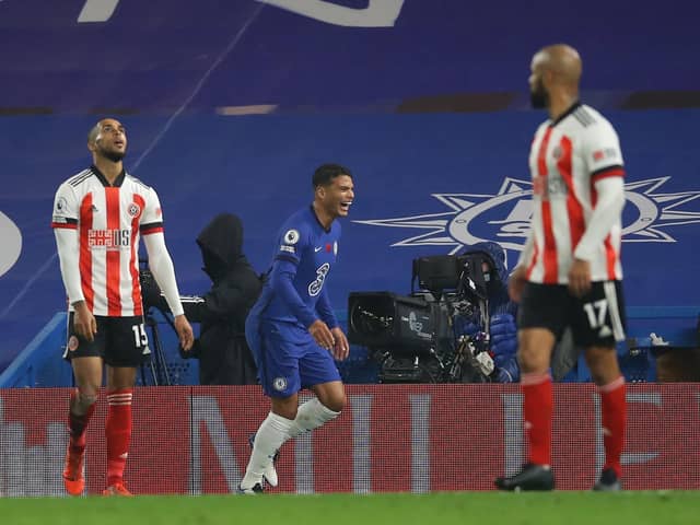 Thiago Silva of Chelsea (C) celebrates after scoring against Sheffield United: David Klein/Sportimage