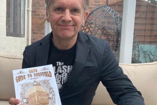 Neil Anderson with his reproduction of the 1879 illustrated guide to Sheffield and the original version