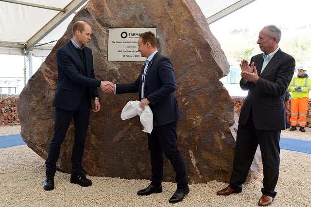 The Duke of Cambridge visits Tarmac's national skills and safety park to officially open the centre. The Duke of Cambridge unveil's the plaque with Martin Riley senior vice president Tarmac and Ken McNight director CRH group.
