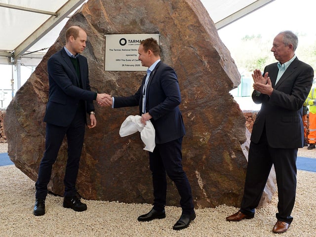The Duke of Cambridge visits Tarmac's national skills and safety park to officially open the centre. The Duke of Cambridge unveil's the plaque with Martin Riley senior vice president Tarmac and Ken McNight director CRH group.