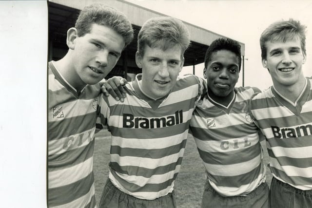 Steve Gaughan, Paul Raven, Mark Rankine and Mark Hall who won gold medals in the English Schools soccer competition in 1985 and are now going for gold in the FA Youth Cup against Arsenal, 1988
