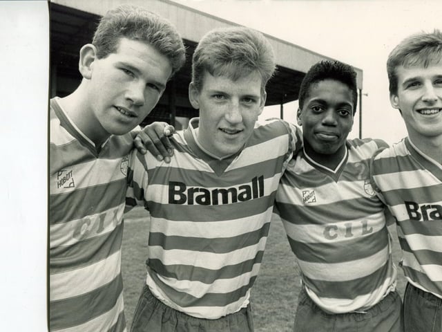 Steve Gaughan, Paul Raven, Mark Rankine and Mark Hall who won gold medals in the English Schools soccer competition in 1985 and are now going for gold in the FA Youth Cup against Arsenal, 1988