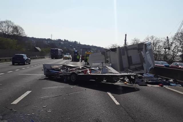 The southbound M1 near Meadowhall was brought to a standstill earlier after a collision involving a lorry and a caravan