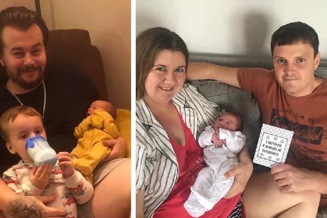 Left, Ellie’s partner Luke with baby Arias and sibling Noah, and right Leah, partner Adam and baby Asher.